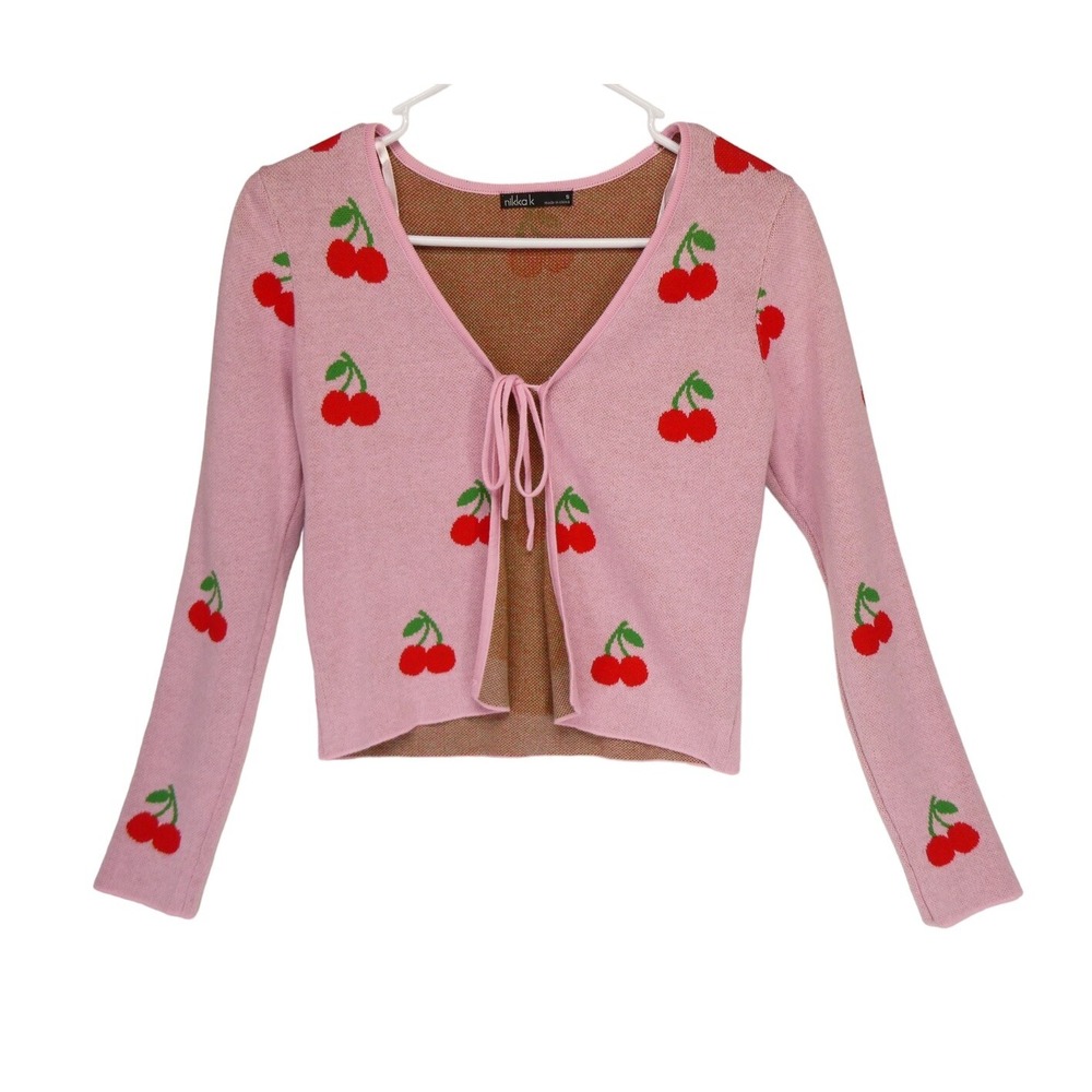 Y2K Women's Knit Pink Cropped‎ Front Tie Sweater Cherry Size S